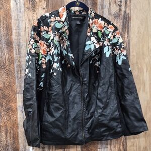 Colleen Lopez Black Multicolor Floral Bomber Jacket 2X 1/2 ZIP